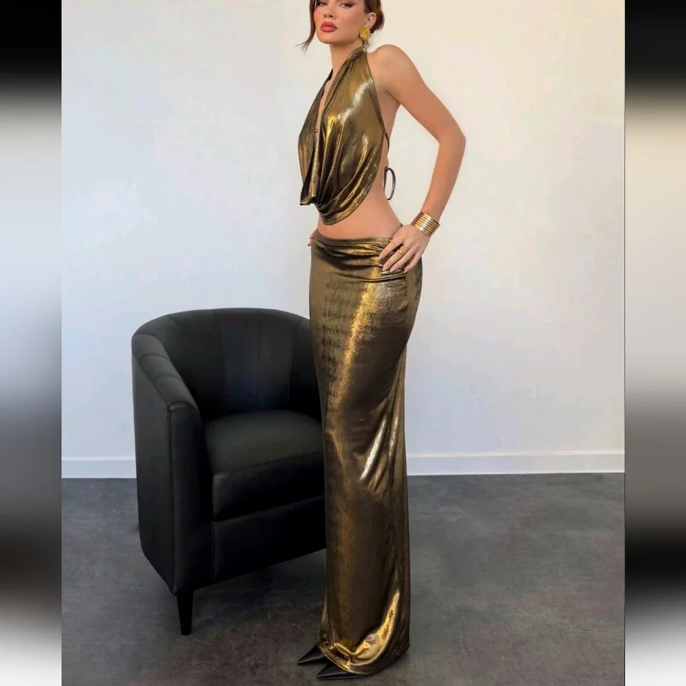 Party Halter Deep Draped Neck Backless Crop Top + Low-Waist H-Line Long Skirt - Picture 5 of 5